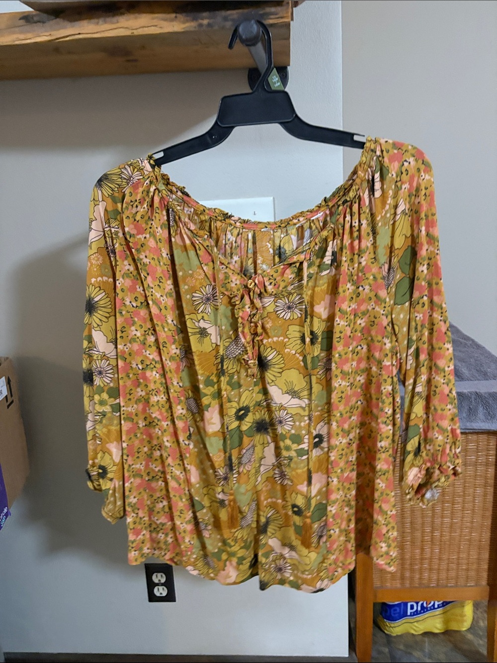 Boho Floral Off-Shoulder Tunic Top in Mustard Pink